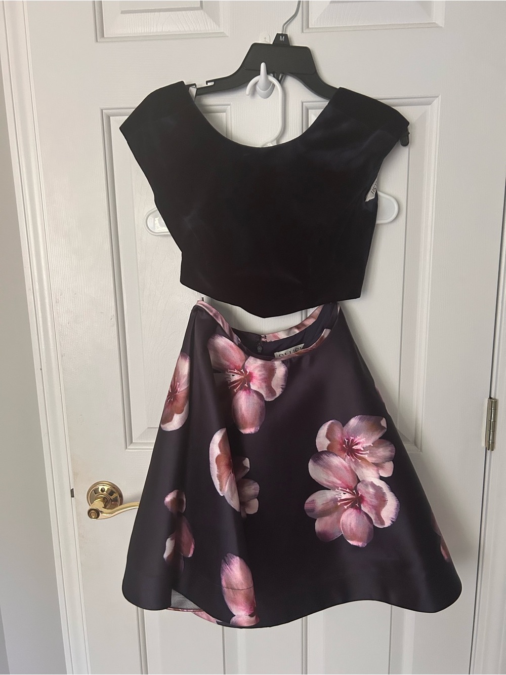 Blush Navy Two-Piece Floral Satin Homecoming ' Dress with Pink Flowers